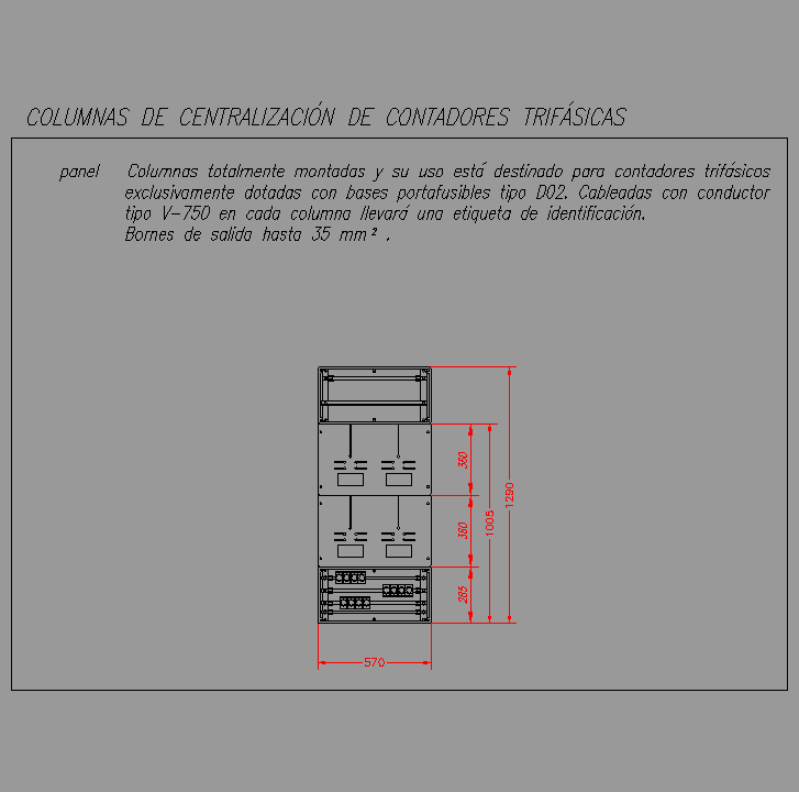 Bloque Autocad Panel de columna de centralización (2 cont./mód), 2 módulos III + N.